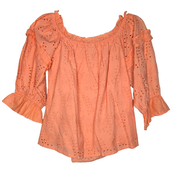 Anthropologie Jane Eyelet Lace Off Shoulder Peasant Prairie Cottage Blouse Coral - Picture 8 of 11